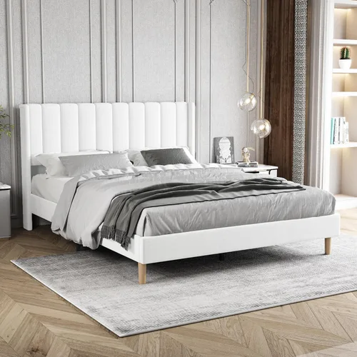 Vista 22 de Base de cama tapizada de tamaño individual con cabecero, listones de madera fuertes, no necesita somier, fácil montaje, terciopelo beige