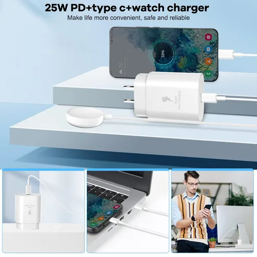 Vista 4 de Cargador 2 en 1 para Samsung Watch, cargador rápido USB C de 25 W, compatible con Galaxy Watch 8/8 Classic/Ultra/7/6/6 Classic/5 Pro/5/4/4 Blanco