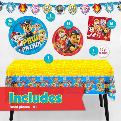 Vista 2 de Decoraciones de cumpleaños de Paw Patrol Sirve a 16 invitados Suministros de fiesta de Paw Patrol con licencia oficial Pancarta, mantel
