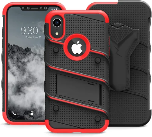 Vista 4 de Serie Zizo Bolt funda para iPhone XR de grado militar con protector de pantalla de vidrio templado, clip de cinturón, soporte, Funda con soporte.