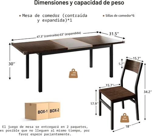 Vista 2 de iPormis Juego de mesa de comedor y sillas de 7 piezas para 4-6, mesa de cocina extensible de 63 pulgadas con 6 sillas, mesa de comedor con marco