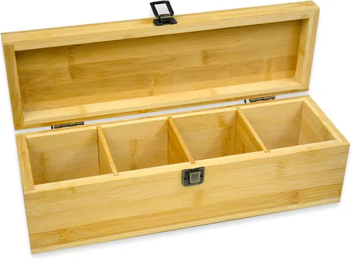 Vista 4 de Caja Organizadora de Té de Bambú Libre de Químicos Ecológica Grande, Alta, Compartimentos Ajustables Cofre de Almacenamiento de Madera Natural