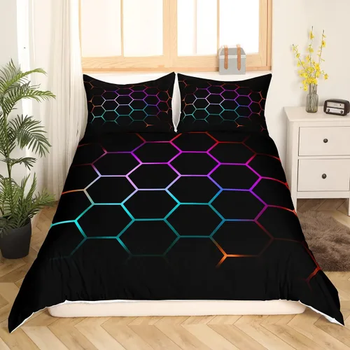 Vista 15 de Funda de edredón de panal para niños, hombres y niñas, juego de ropa de cama moderno con temática geométrica hexagonal, diseño de cuadrícula