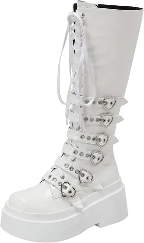 Vista 30 de Parisuit Botas góticas altas hasta la rodilla con hebilla de plataforma para mujer, tacón alto grueso, con cordones, botas de combate punk, con Negro
