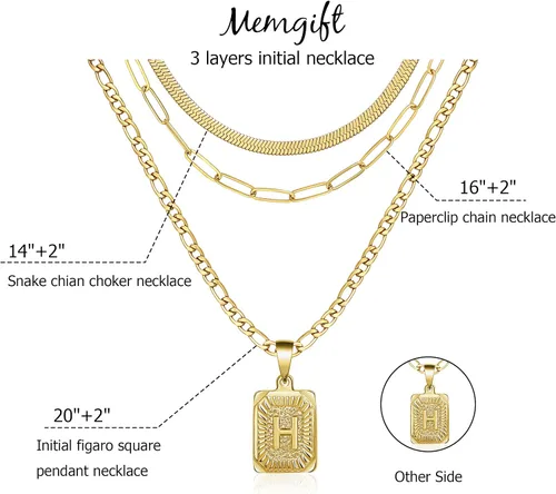 Vista 5 de Memgift Juego de collar en capas de oro, 3 piezas para mujeres y niñas, delicada gargantilla de serpiente con clip de papel, cadena Figaro de acero