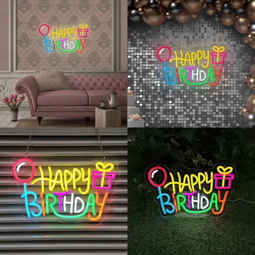 Vista 2 de Letrero de neón de feliz cumpleaños, luces LED alimentadas por USB, decoración de pared para fiesta de cumpleaños con bonito diseño, fácil