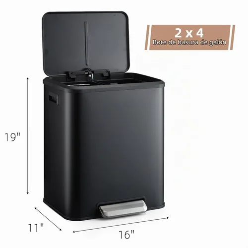 Vista 7 de GAOMON Cubo de Basura Dual Rectangular, Papelera de Acero Inoxidable con Tapa, 30 Litros (2 X 15 L), Papelera con Combinación de Reciclaje, Tapa