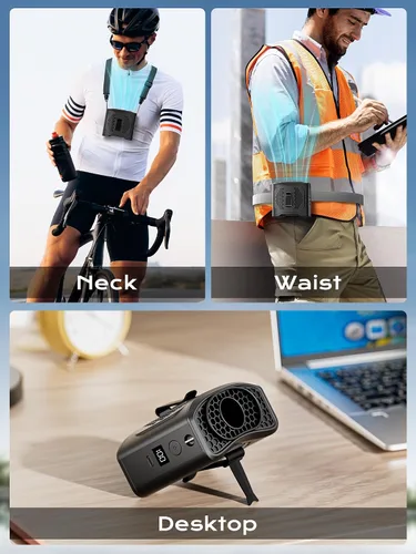 Vista 6 de Ventilador de cintura portátil con clip, 4 velocidades, 13000 rpm, fuerte flujo de aire con batería de 10000 mAh y carga móvil, ventilador de camisa