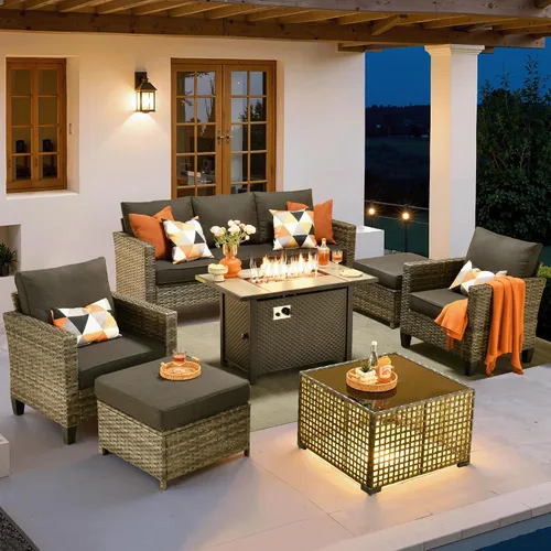 Vista 21 de ovios Juego de muebles de patio de 4 piezas con sofá de exterior, luces solares, mesa, cojines cómodos, sofá de conversación de mimbre de ratán