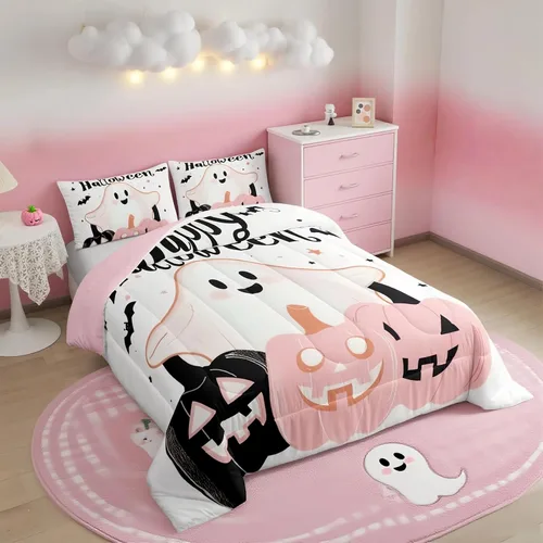 Vista 31 de Feelyou Juego de edredón de calabaza para todas las estaciones, decoración de Halloween, juego de ropa de cama con 1 funda de almohada, microfibra