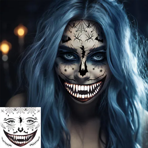 Vista 5 de 5 hojas de tatuajes faciales aterradores de Halloween + 1 hoja de tatuaje de cicatrices falsas, tatuaje de boca sangrienta, maquillaje de zombi