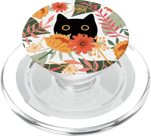 Vista 8 de Divertido gato negro escondido en flores de primavera floral verde salvia PopSockets intercambiables PopGrip