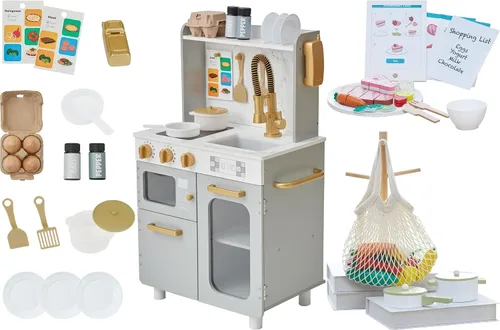 Vista 3 de Teamson Kids Boston Farmhouse Play Kitchen y 27 piezas - Juego de tabletas de comida de madera - Cocina compacta con fregadero, horno y recetas