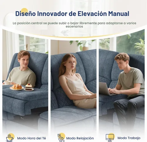 Vista 3 de Sofá reclinable de 3 plazas, sofá reclinable con consola elevable (tela, azul) Reclining Sofa with USB Removable Armrest, RV Sofa with Cup Holder