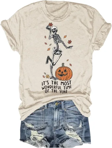 Vista 22 de Woffccrd - Camisetas divertidas con estampado de calabaza y leopardo para mujer, camisetas gráficas de manga corta de Halloween para mujer