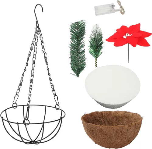 Vista 9 de Cesta colgante de Navidad preiluminada de 17.7 pulgadas, flor de pascua artificial, maceta colgante de flores de Navidad con luces, cesta de Navidad