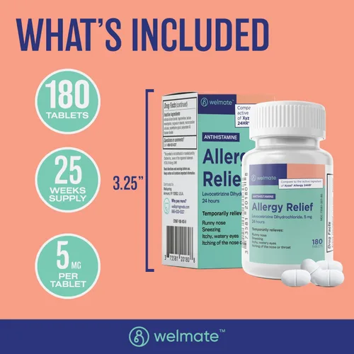 Vista 5 de WELMATE - Dihidrocloruro de levocetirizina 5 mg (180 ct) - Medicina contra la alergia sin somnolencia - 24 horas - Antihistamínico - Píldoras