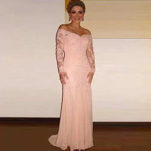 Vista 2 de Mermaid Laces Mother of The Bride Dress with Long Sleeves Off Shoulder Formal Party Evening Gown HO16