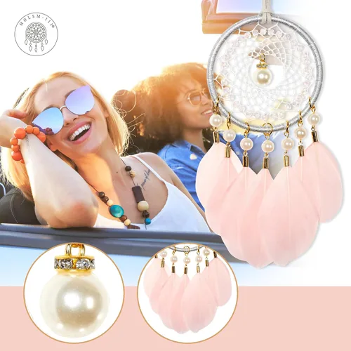 Vista 2 de Mini atrapasueños – Pluma de ganso con perla de lujo, cuero natural, pequeño atrapasueños hecho a mano para dormitorio, atrapasueños para niñas