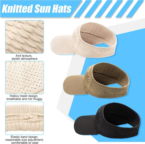 Vista 6 de 3 Pieces Women Sun Visor Hat for Women Knitted Hats Elastic Sports Hat Empty Top Quick Drying Wide Brim Golf Hat