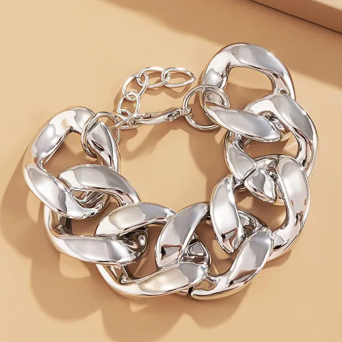 Vista 2 de Juego de pulseras apilables de cadena de oro y plata de estilo bohemio para mujer, ajustable, con cuentas gruesas, cadena de cable plano y punk