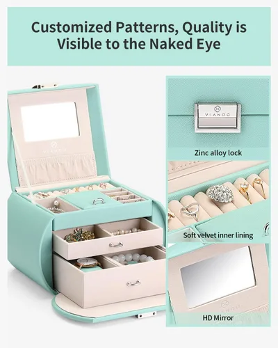 Vista 3 de Caja de joyería Vlando para niñas, estilo princesa, diseño de media luna (color verde)