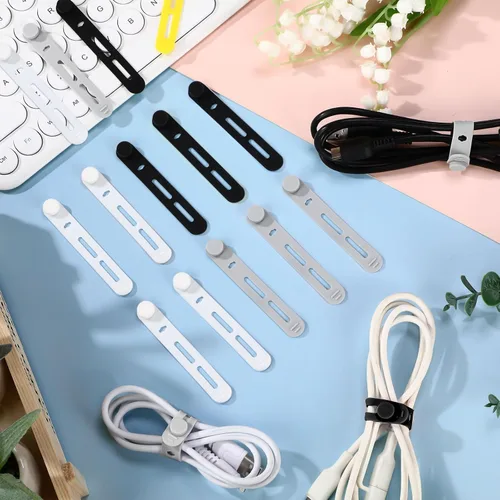 Vista 5 de Tellegloww 42 piezas de bridas de cable de silicona reutilizables, correas de cordón elásticas multiusos para agrupar y sujetar auriculares