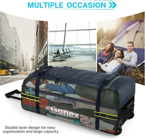 Vista 3 de Gonex Bolsa de lona rodante con ruedas equipaje de viaje con ruedas repelente al agua de 70 L con rodillos 22 pulgadas 25 pulgadas 33 pulgadas Azul