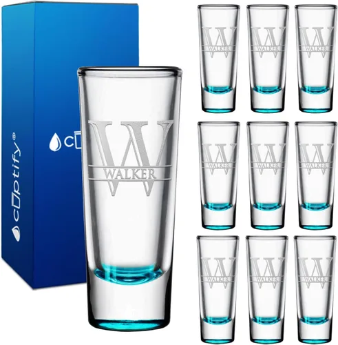 Vista 50 de Vaso de chupito personalizado con fondo negro personalizado de 2 oz, vasos de chupito cordiales con inicial y nombre en script dividido