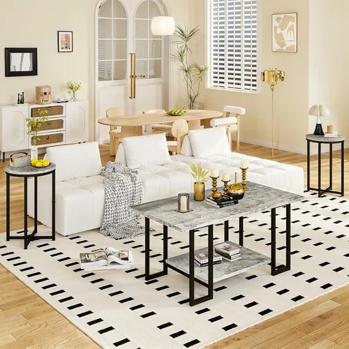 Vista 3 de Lamerge Juego de 3 mesas para sala de estar, mesa de café de mármol sintético con 2 mesas auxiliares redondas, juego de mesa de café con estructura
