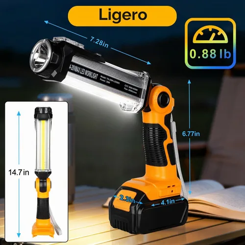 Vista 2 de DTEZTECH Luz de trabajo LED para batería Dewalt de 14.4 V-20 V Max, linterna inalámbrica multifuncional de 2000 lm para exteriores, 25 W, adecuada