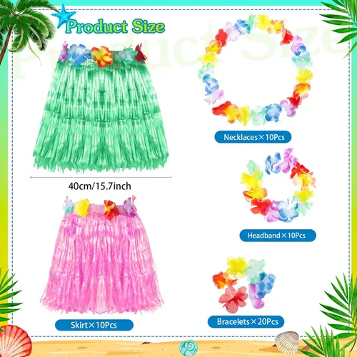 Vista 2 de Juego de 50 faldas de hula con flores, 10 faldas de hierba hawaiana para niñas, 10 Leis hawaianos 10, collar Luau, 20 pulseras tropicales, traje
