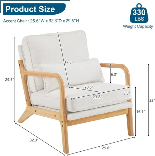 Vista 2 de Bonnlo - Silla de acento moderna de mediados de siglo con tela de lino beige, sillones de descanso con acolchado de madera maciza para sala