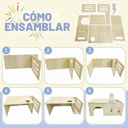 Vista 6 de Hamiledyi Escondite de conejillo de indias con alimentador de heno y botella de agua, casa de chinchilla de madera natural, castillo de conejo