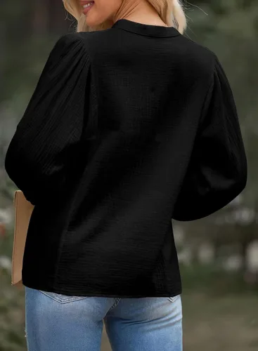 Vista 4 de Astylish Camisas para mujer con manga de farol, blusas básicas con textura plisada con medio botón