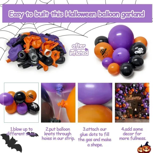 Vista 4 de Kit de arco de globos de color morado y naranja, guirnalda de globos de doble relleno, color morado y naranja quemado, negro, para Halloween