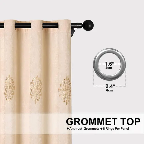 Vista 2 de ELKCA Cortinas de chenilla beige con patrón bordado para sala de estar, cortinas europeas para dormitorio, ojal superior