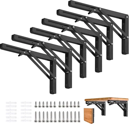 Vista 13 de Soportes plegables para estantes – 8 pulgadas, 2 piezas de metal resistente, soporte de estante plegable montado en la pared, ahorro de espacio