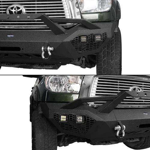 Vista 5 de Tundra parachoques delantero de ancho completo con aro y anillos en D y 4 focos LED de 18 W y placa deslizante para camionetas Toyota Tundra