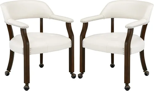 Vista 14 de LEEMTORIG Juego de 2 sillas de comedor con ruedas y brazo, sillas de comedor grandes con ruedas, silla de mesa de póquer de madera maciza, 26