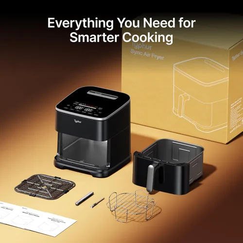 Vista 9 de Typhur Sync 8 QT AI Smart Air Fryer con termómetro inalámbrico integrado Negro+plata+estante de acero inoxidable
