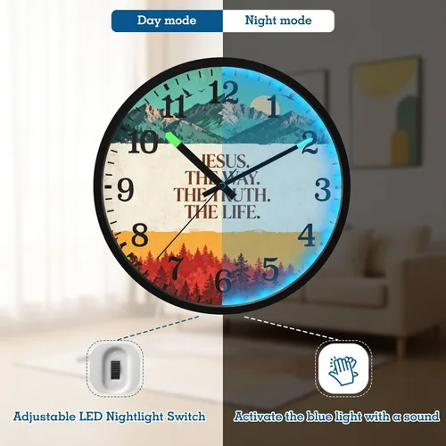 Vista 5 de Reloj moderno luminoso activado por voz silencioso sin tictac, funciona con pilas, reloj retro cristiano Jesús Faith de 12 pulgadas para oficina