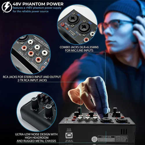 Vista 6 de Mezclador de audio inalámbrico profesional Pyle DJ - Mezclador de sonido con controlador Bluetooth de 4 canales, interfaz de audio USB, 2 entradas