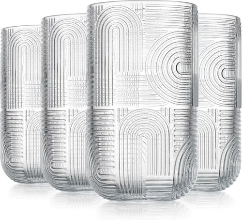 Vista 2 de Highball - Juego de 8 vasos para beber en relieve de 14 onzas, vasos de vidrio acanalado Art Deco vintage, vasos de agua texturizada, vasos de jugo