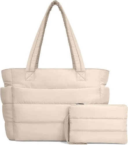 Vista 20 de TOPDesign Bolsa Tote Acolchada para Mujer, Bolso de Mano Ligero Inflado con Compartimentos, Bolsa de Hombro Acolchada para Trabajo, Viajes, Gimnasio