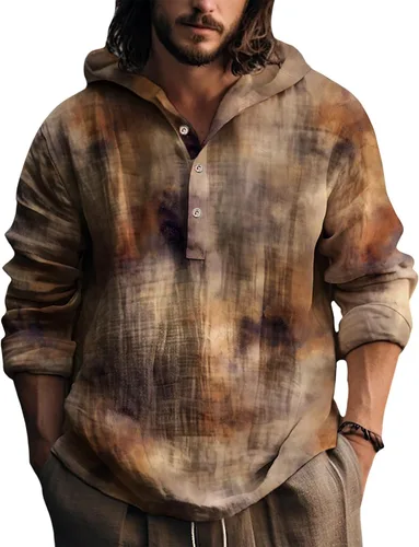 Vista 17 de Sudaderas con capucha para hombre, con estampado de teñido anudado, cuello en V, manga larga, con botones, de gran