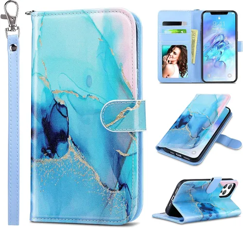 Vista 22 de ULAK Compatible con iPhone 12 Pro Max Funda Cartera con Portarjetas, Funda de Cuero PU con Soporte Plegable Ranuras para Tarjetas Correa de Muñeca
