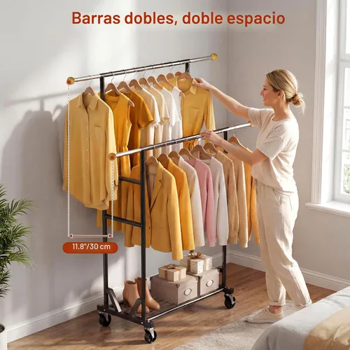 Vista 2 de Perchero con ruedas – Perchero de doble barra con ruedas bloqueables, estante de almacenamiento de malla y remates de madera antideslizantes