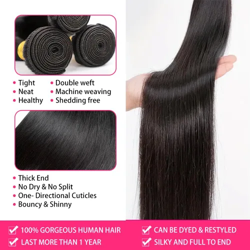 Vista 3 de Extensiones de cabello humano lacio 10A, 26, 28, 30 pulgadas, 3 manojos de cabello lacio 100% sin procesar, brasileño, largo, virgen, color negro
