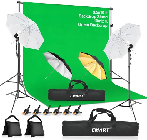 Vista 10 de EMART Sistema de soporte de fondo de 6.5 x 10 pies, kit de iluminación profesional para fotografía con foco CFL de 45 W, paraguas, fondo de 6 x 9